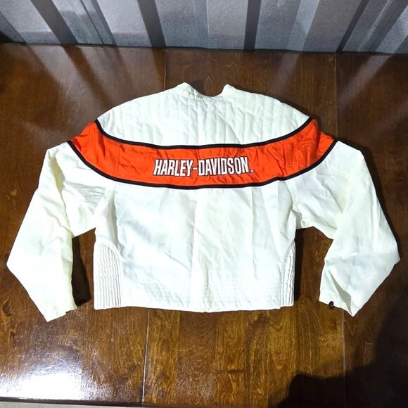 Vtg Harley-Davidson Womens White & Orange Jacket Logo Cropped Racing Bikercore - Picture 3 of 11